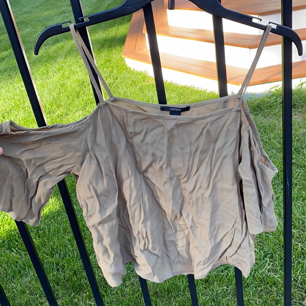(Needs ironing) green/khaki off the shoulder shirt